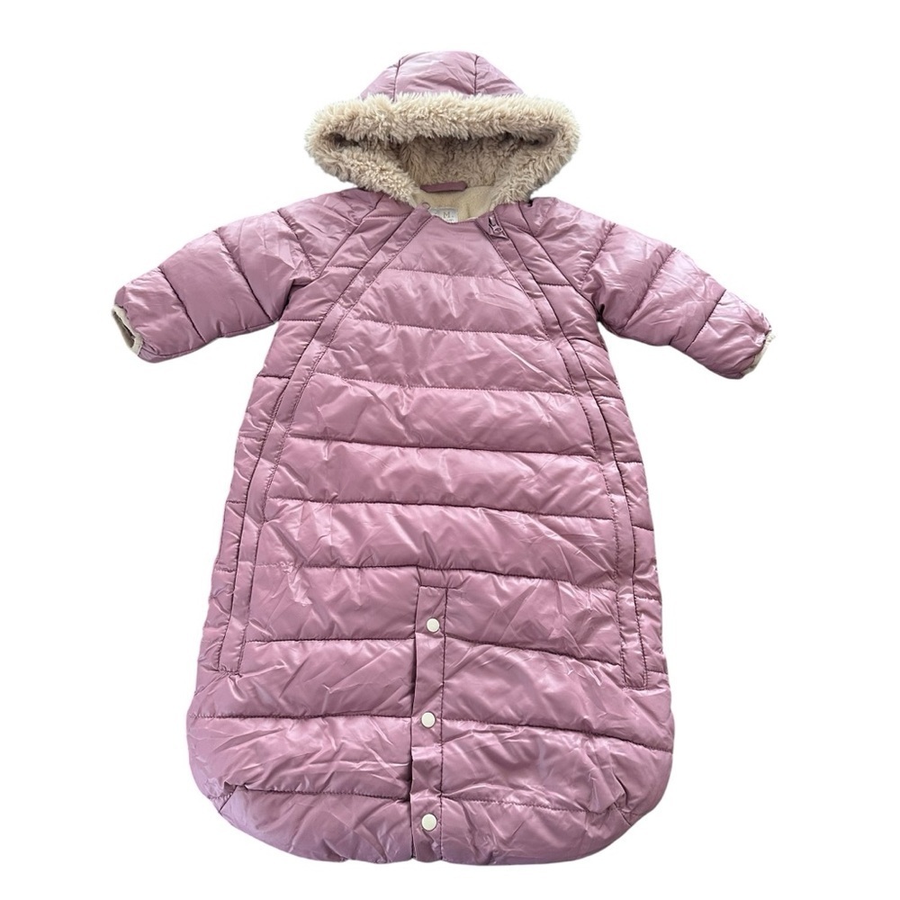7 A.M. Enfant Paris Pink Puffer‎ Zip Up Baby Bunting Hood Sherpa Lined
